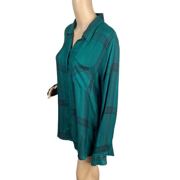 NWT A.N.A. Forest Green Black Plaid Button Down Tunic Shirt SZ L - Picture 3 of 6